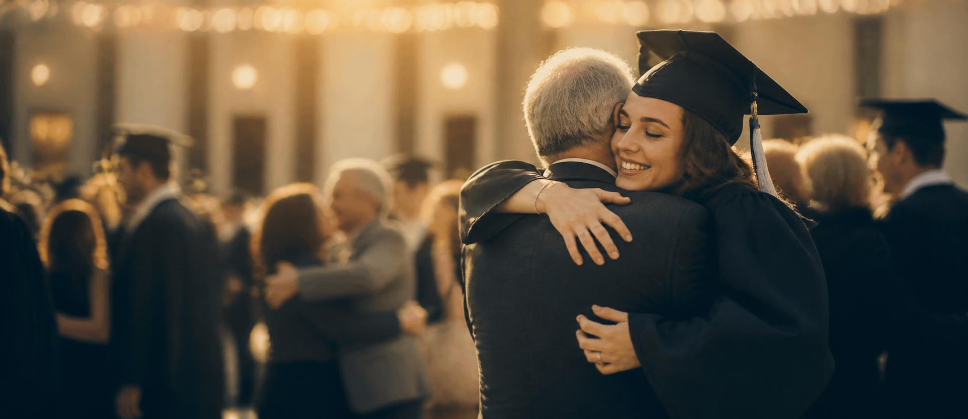 Graduanda abrazando a un familiar durante la ceremonia